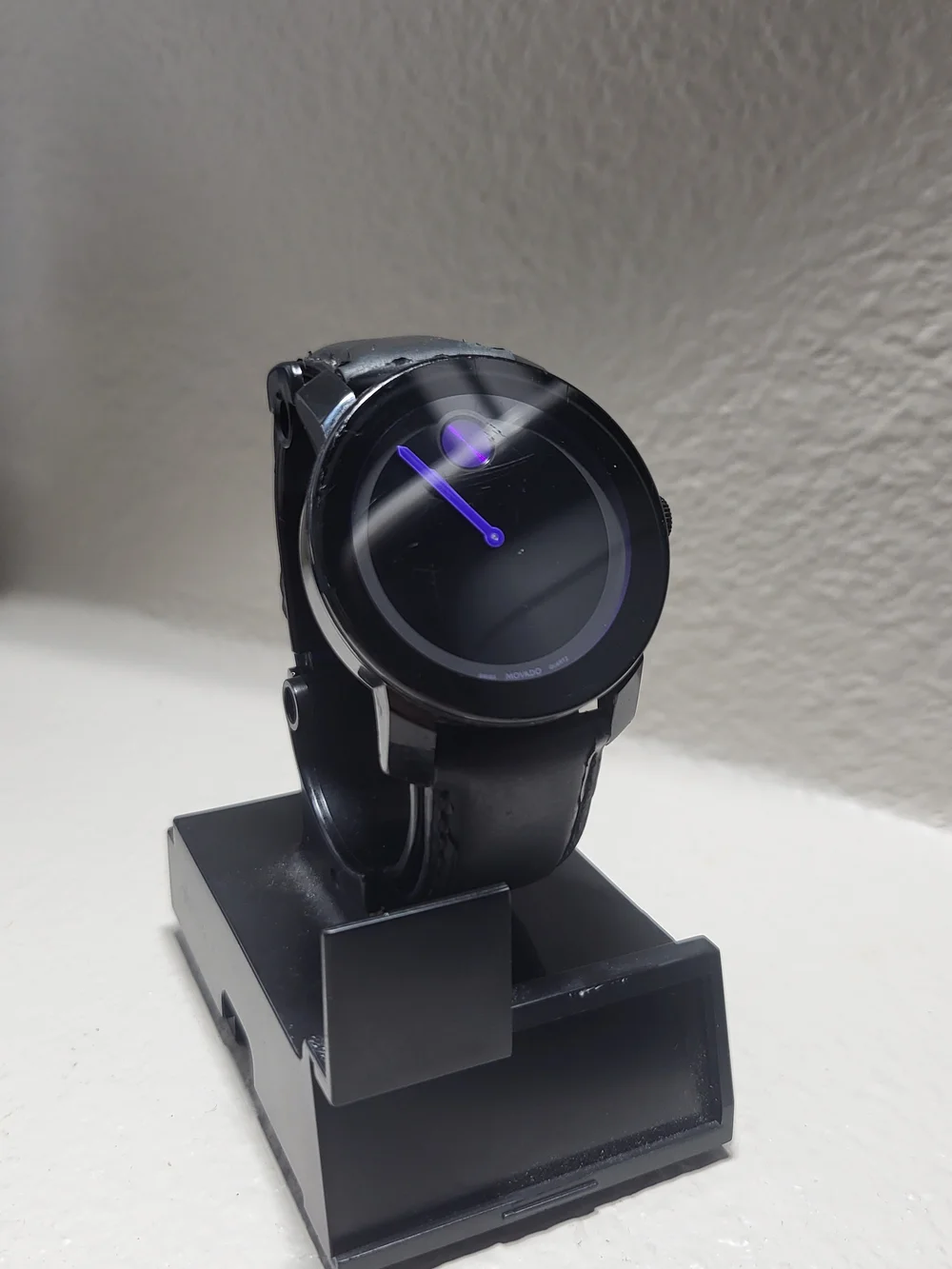 Movado Black Leather Watch with Purple Accent